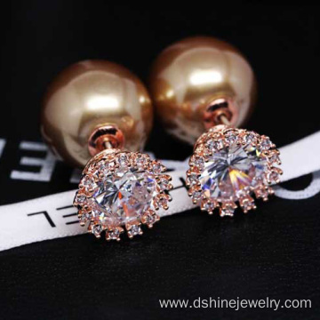 Zircon Crown Shell Pearl Earring Two-side Gold Pearl Earring